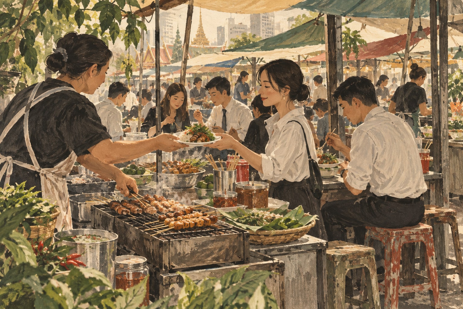 Illustration of a market vendor tending a grill as office workers stop for lunch