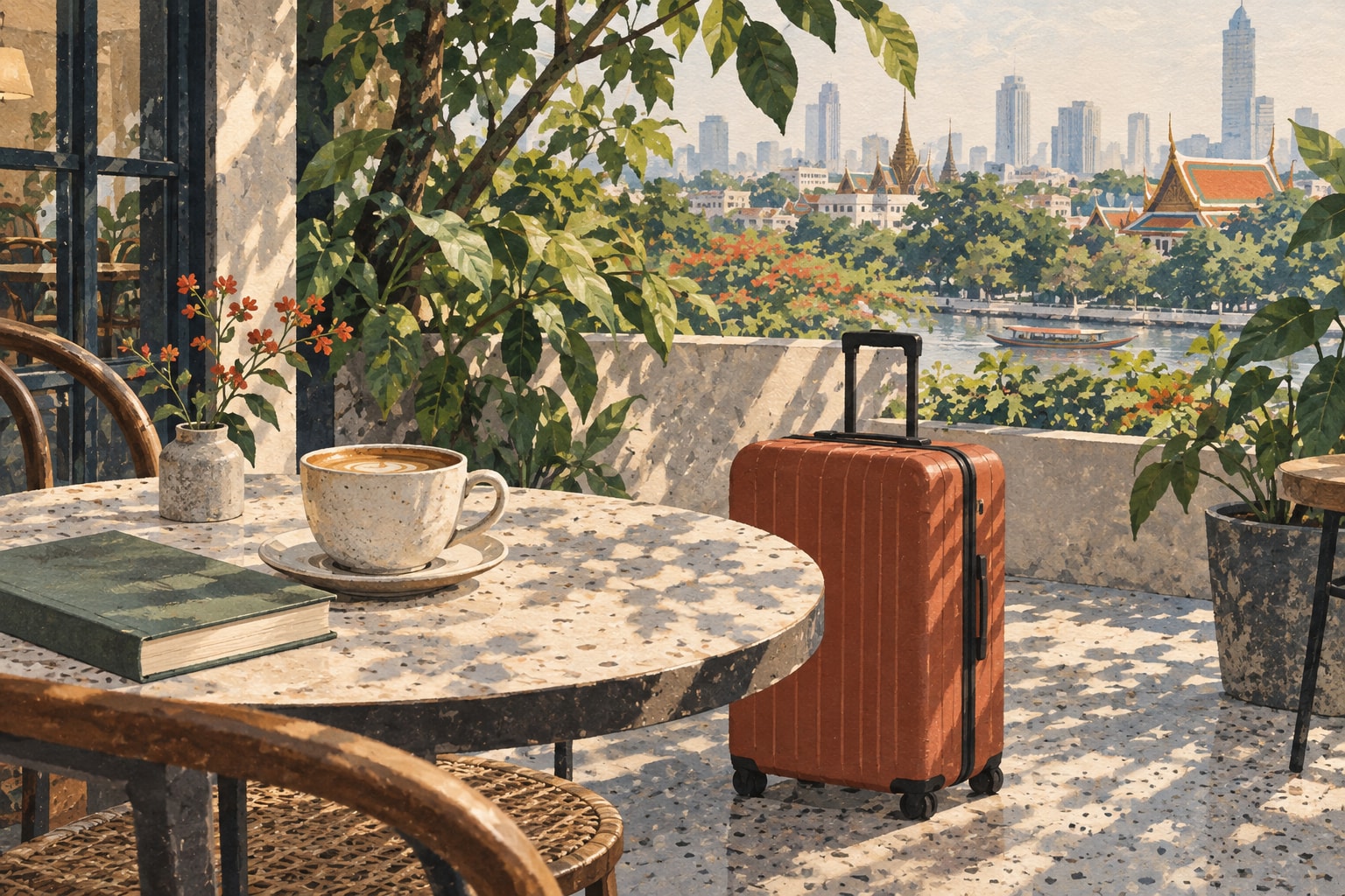 Illustration of a terracotta suitcase beside a cafe table with coffee and a book