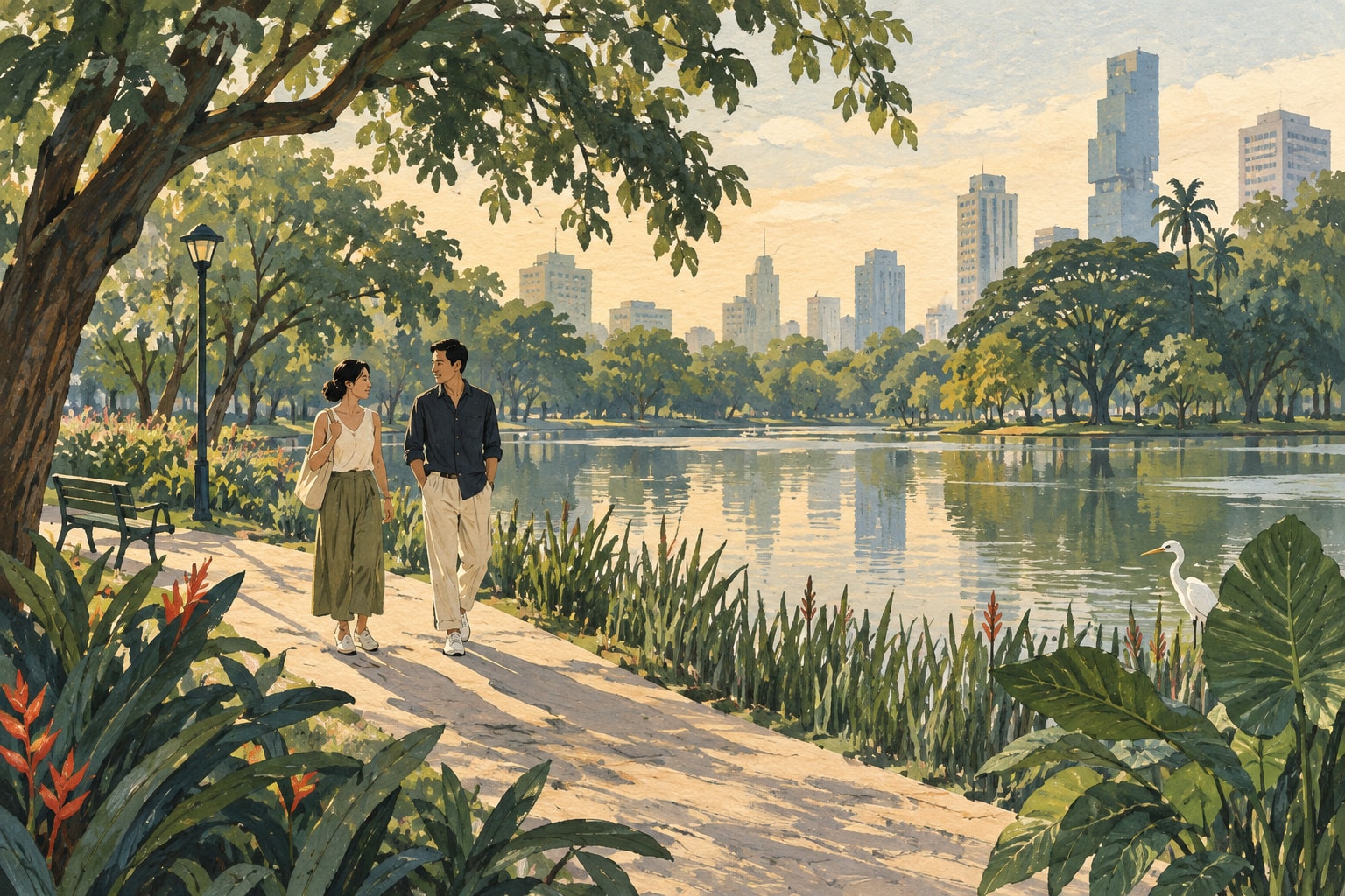 Illustration of two adults walking beside a tree-lined Bangkok park lake in afternoon light