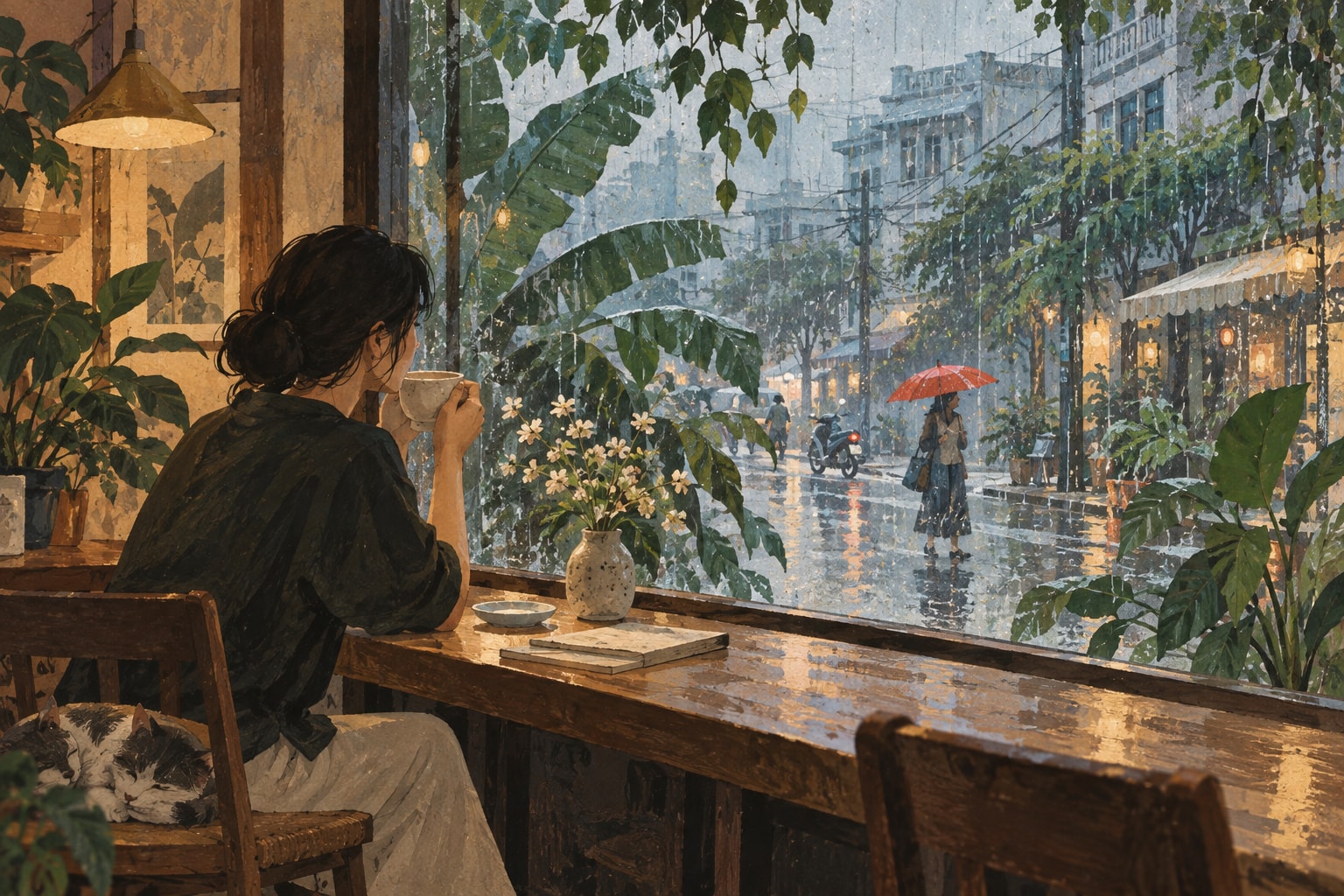 Illustration of a quiet cafe window looking onto a rainy Bangkok afternoon